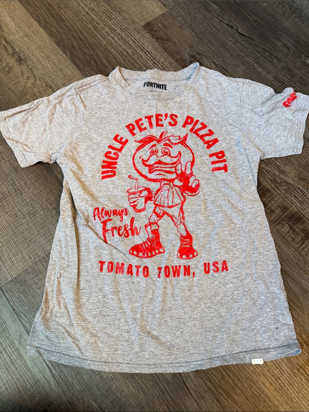 Fortnite Kids' Grey Tee with Red 'Uncle Pete's Pizza Pit' Graphic